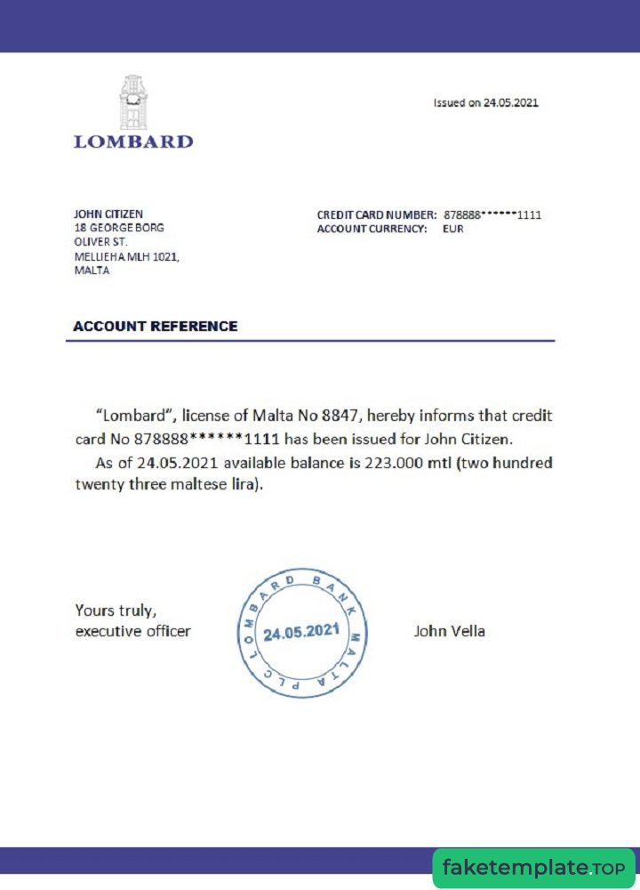 Feature of fake Malta_Lombard Bank_reference example